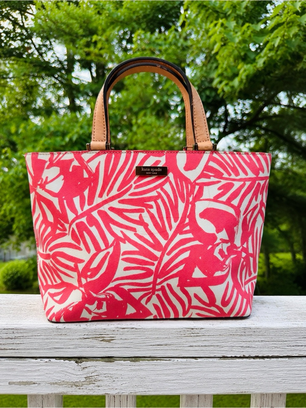 Kate Spade Grant Street Juno Tropical Floral Satchel Handbag Pink White Purse